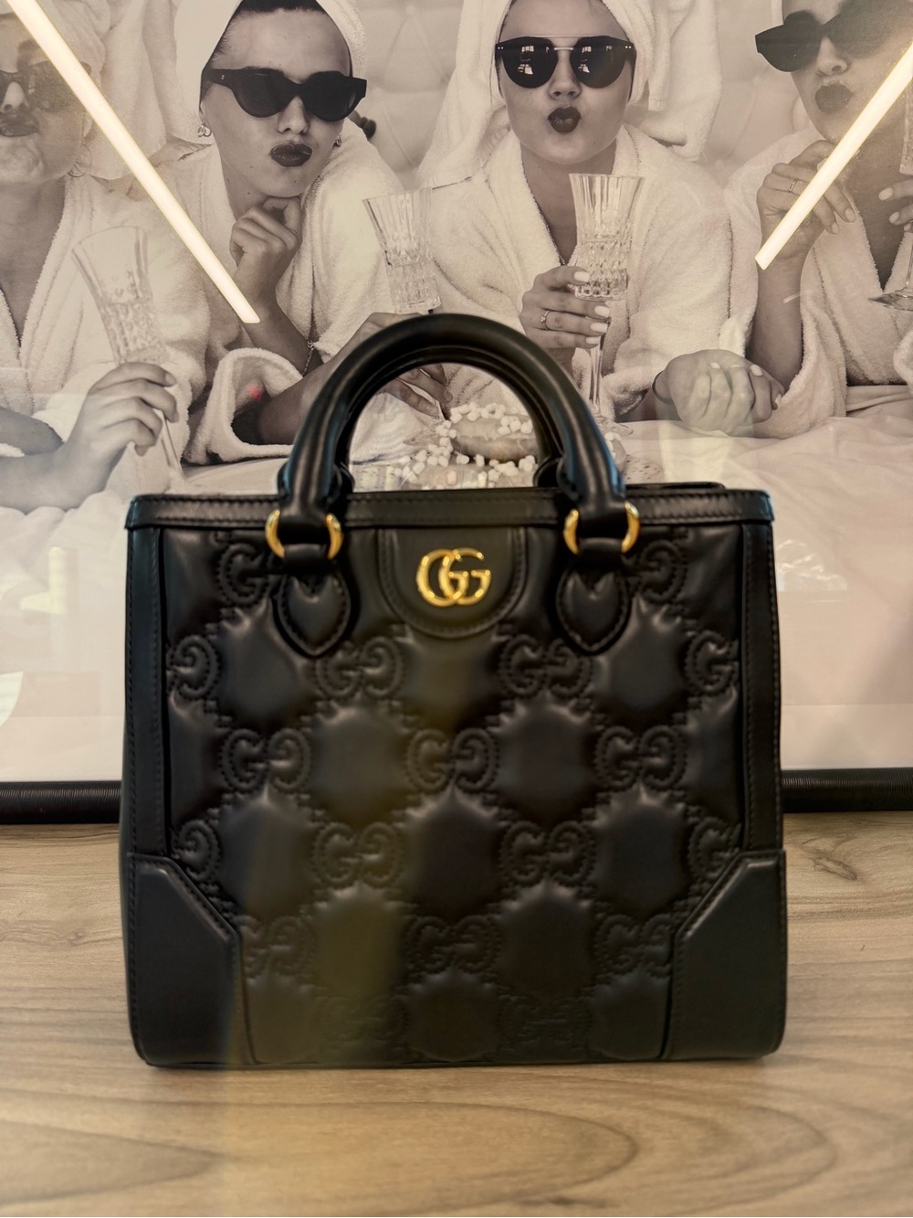 Gucci Black Quilted GG Top Handle Satchel with Gold Hardware